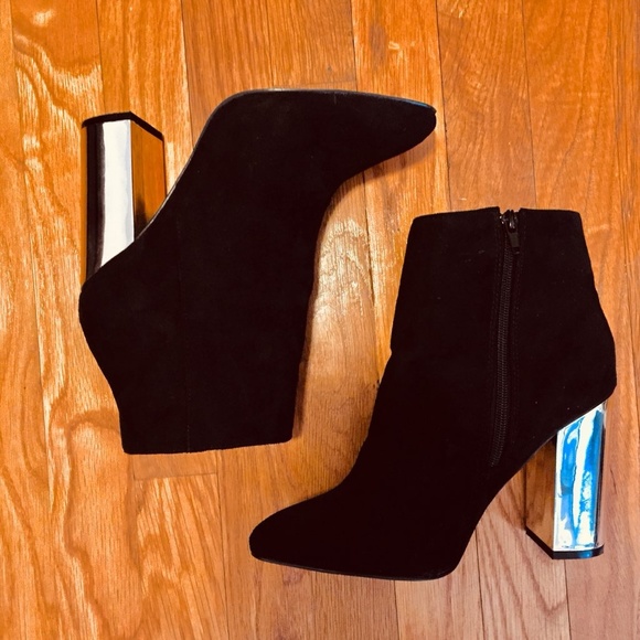 tonette’s closet Shoes - Black Suede Mirror Block Heel Ankle Boots